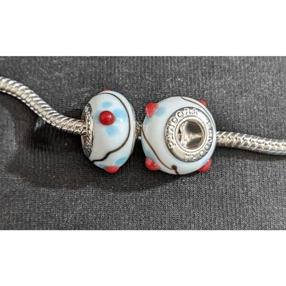 Set of 2 Pandora White w/Blue/Red Flower & Brown Squiggle - Picture 2 of 2